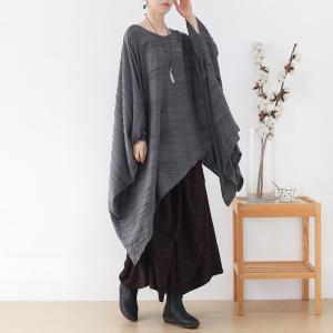 Large Size Bat Sleeves Cotton Asymmetrical Pleated Tunic