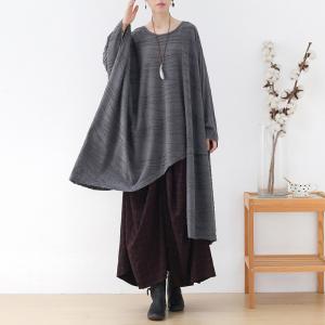 Large Size Bat Sleeves Cotton Asymmetrical Pleated Tunic