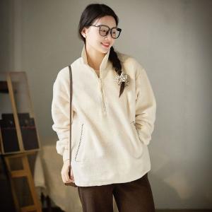 Oversized Beige Fleeced Hoodeless Pullover