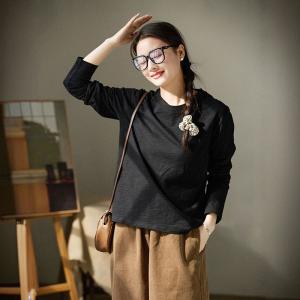 Black Crew Neck Cotton T-shirt for Women
