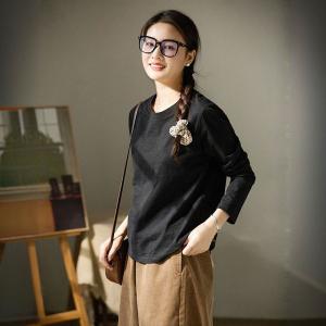 Black Crew Neck Cotton T-shirt for Women