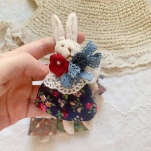 Rabbit with Embroidered Floral Skirt Crochet Lace Brooch Pin