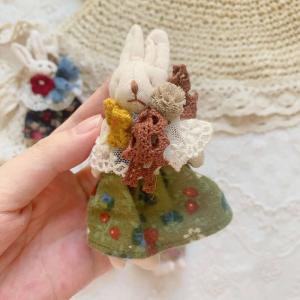 Rabbit with Embroidered Floral Skirt Crochet Lace Brooch Pin