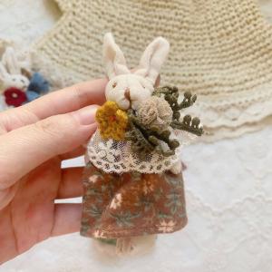 Rabbit with Embroidered Floral Skirt Crochet Lace Brooch Pin