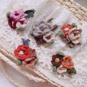 Crochet Flowers and Leaf Handmade Japanese Brooch Pin