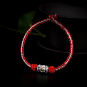 Tibetan S925 Silver Om Mani Buddhist Woven Bracelet with Prayer Wheel