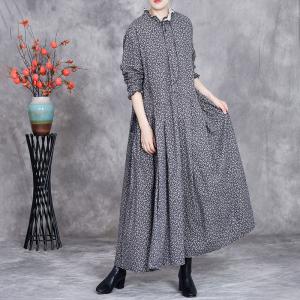 Ruffle Collar Cotton Linen Floral Casual Long Dress