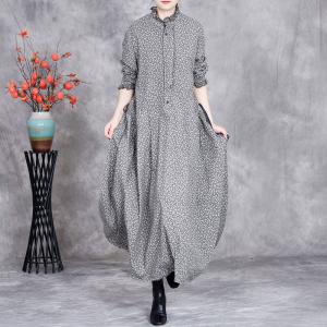 Ruffle Collar Cotton Linen Floral Casual Long Dress