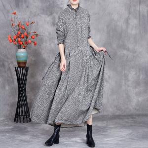 Ruffle Collar Cotton Linen Floral Casual Long Dress
