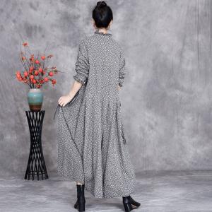 Ruffle Collar Cotton Linen Floral Casual Long Dress