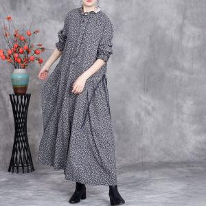 Ruffle Collar Cotton Linen Floral Casual Long Dress