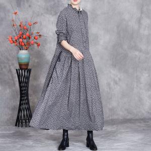 Ruffle Collar Cotton Linen Floral Casual Long Dress