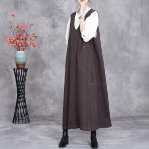 Deep V-Neck Coffee Midi Vest Dress