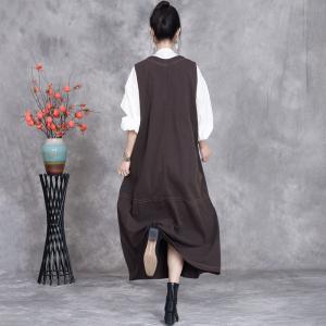 Deep V-Neck Coffee Midi Vest Dress