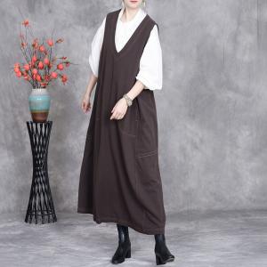 Deep V-Neck Coffee Midi Vest Dress