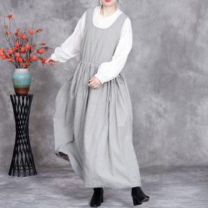 Summer U-Neck Cotton Linen Striped Jumper Dress