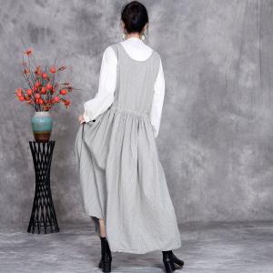 Summer U-Neck Cotton Linen Striped Jumper Dress