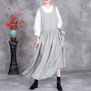 Summer U-Neck Cotton Linen Striped Jumper Dress