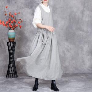Summer U-Neck Cotton Linen Striped Jumper Dress
