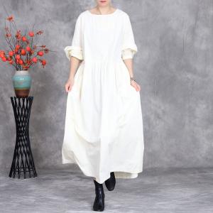 Rustic Chic Puff Sleeves Cotton Loose Casual Dress
