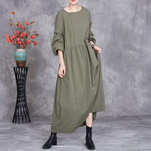 Rustic Chic Puff Sleeves Cotton Loose Casual Dress