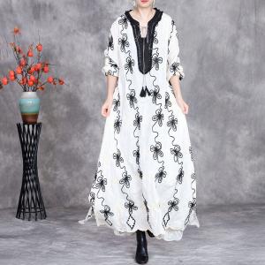 Black Flowers Embroidery Tassel Loose Boho Maxi Dress