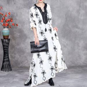 Black Flowers Embroidery Tassel Loose Boho Maxi Dress