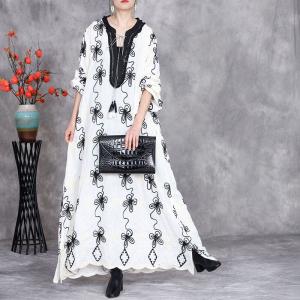 Black Flowers Embroidery Tassel Loose Boho Maxi Dress