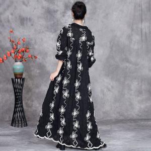 Black Flowers Embroidery Tassel Loose Boho Maxi Dress
