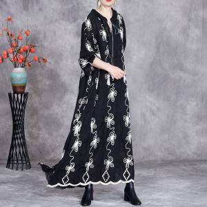Black Flowers Embroidery Tassel Loose Boho Maxi Dress