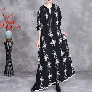 Black Flowers Embroidery Tassel Loose Boho Maxi Dress
