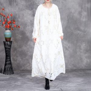 Fringed Collar Crochet Lace Linen White Boho Dress