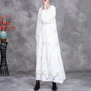 Fringed Collar Crochet Lace Linen White Boho Dress