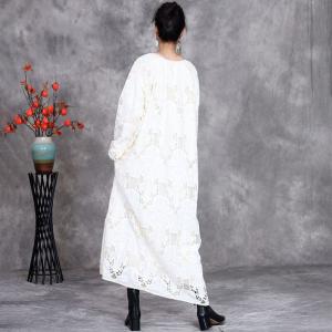 Fringed Collar Crochet Lace Linen White Boho Dress