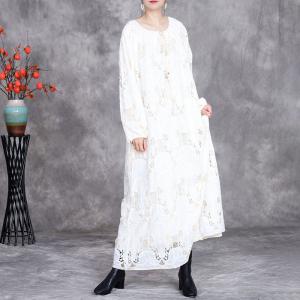 Fringed Collar Crochet Lace Linen White Boho Dress