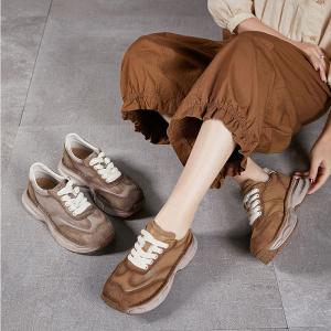 Women Thick-Soled Tied Leather Dad Sneakers