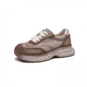 Women Thick-Soled Tied Leather Dad Sneakers