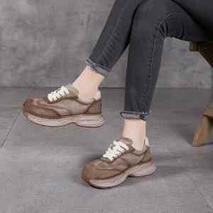 Women Thick-Soled Tied Leather Dad Sneakers