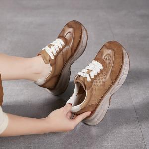 Women Thick-Soled Tied Leather Dad Sneakers