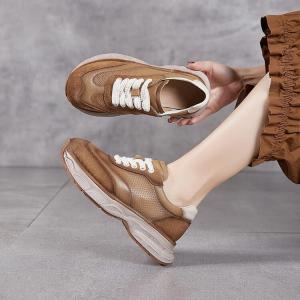 Women Thick-Soled Tied Leather Dad Sneakers