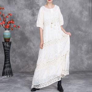 Fringed Collar Hollow Out Embroidery Boho Maxi Dress