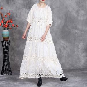 Fringed Collar Hollow Out Embroidery Boho Maxi Dress