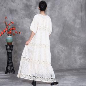 Fringed Collar Hollow Out Embroidery Boho Maxi Dress
