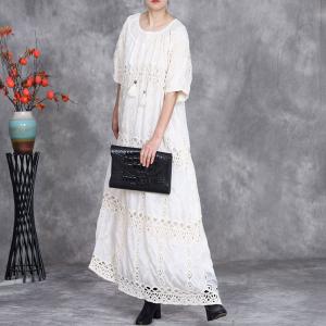 Fringed Collar Hollow Out Embroidery Boho Maxi Dress