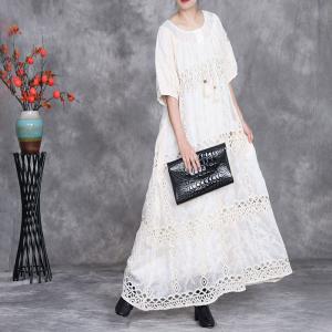 Fringed Collar Hollow Out Embroidery Boho Maxi Dress