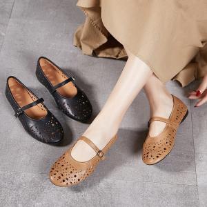 Hollow Out Leather Flat Mary Jane Ballet Flats