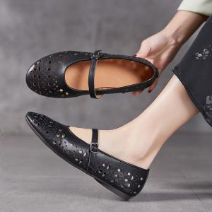 Hollow Out Leather Flat Mary Jane Ballet Flats