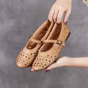 Hollow Out Leather Flat Mary Jane Ballet Flats