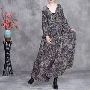 V-Neck Dense Printed High Waist Maxi Wrap Dress