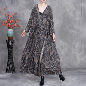 V-Neck Dense Printed High Waist Maxi Wrap Dress